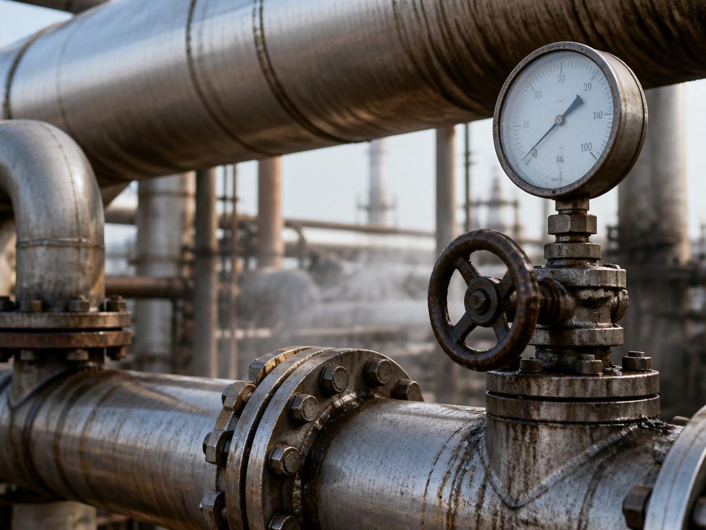 Industrial process piping and a pressure gauge at Al-Zour Refinery